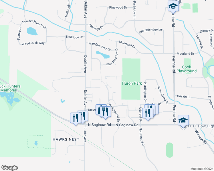 map of restaurants, bars, coffee shops, grocery stores, and more near 5222 Hedgewood Drive in Midland