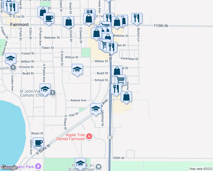 map of restaurants, bars, coffee shops, grocery stores, and more near 914 South State Street in Fairmont