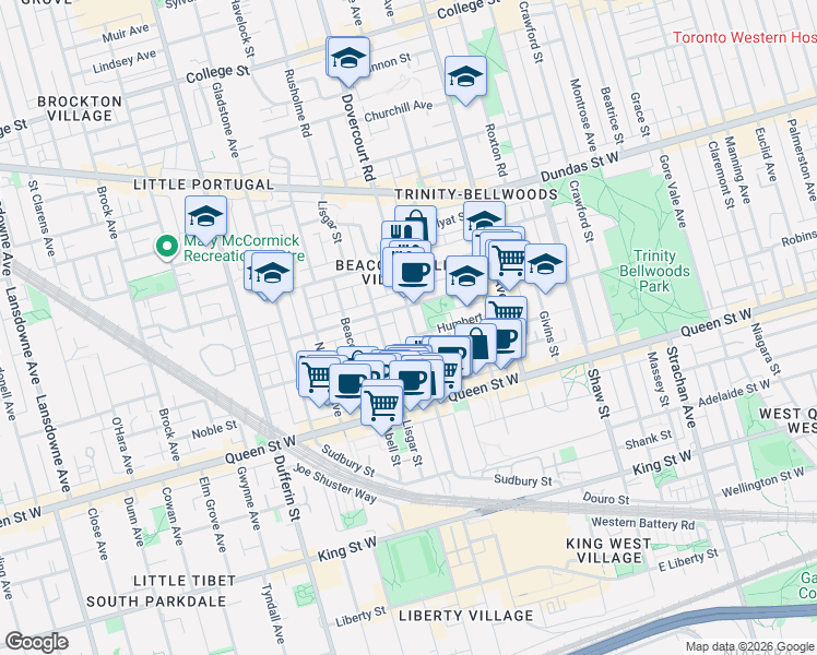 map of restaurants, bars, coffee shops, grocery stores, and more near 8 Dovercourt Road in Toronto
