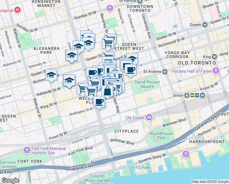 map of restaurants, bars, coffee shops, grocery stores, and more near 115 Blue Jays Way in Toronto