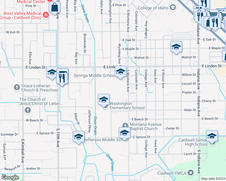 map of restaurants, bars, coffee shops, grocery stores, and more near 2716 South Montana Avenue in Caldwell