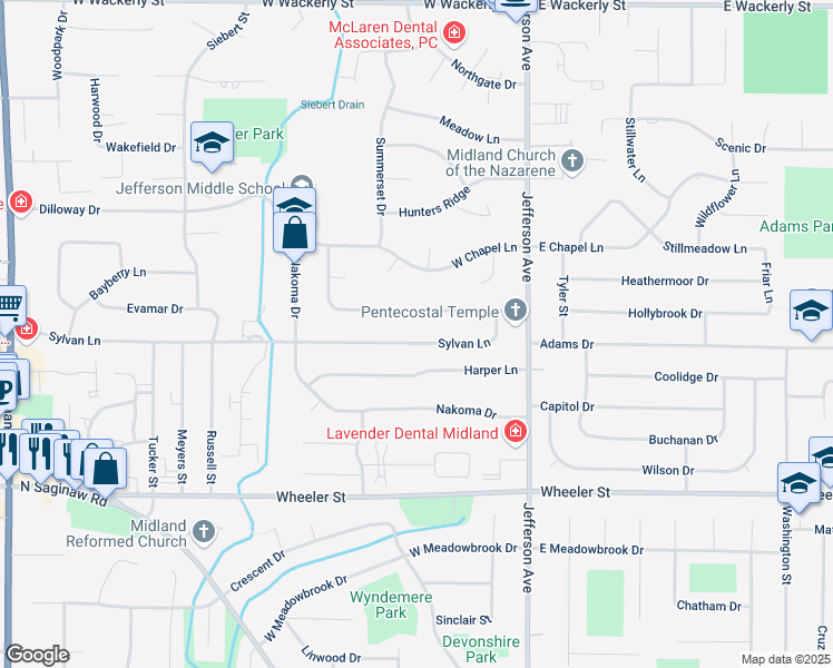 map of restaurants, bars, coffee shops, grocery stores, and more near 400 Sylvan Lane in Midland