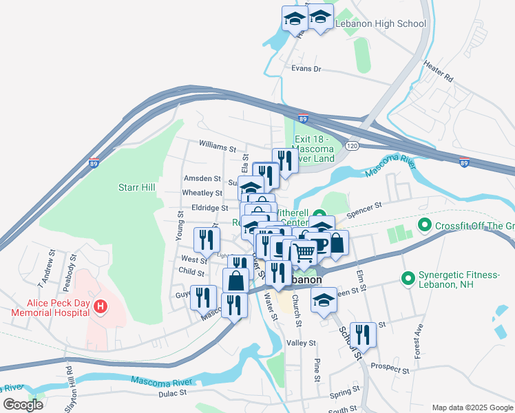 map of restaurants, bars, coffee shops, grocery stores, and more near 11 Eldridge Street in Lebanon
