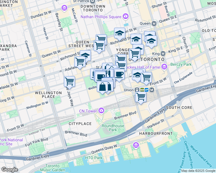 map of restaurants, bars, coffee shops, grocery stores, and more near 155 Wellington Street West in Toronto