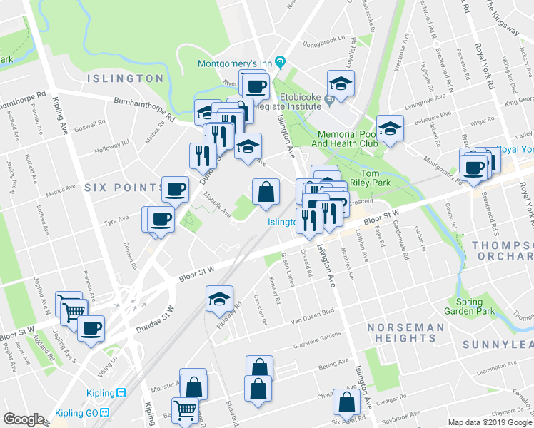map of restaurants, bars, coffee shops, grocery stores, and more near 25 Mabelle Avenue in Toronto