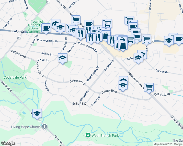 map of restaurants, bars, coffee shops, grocery stores, and more near 2 Gray Gate in Halton Hills