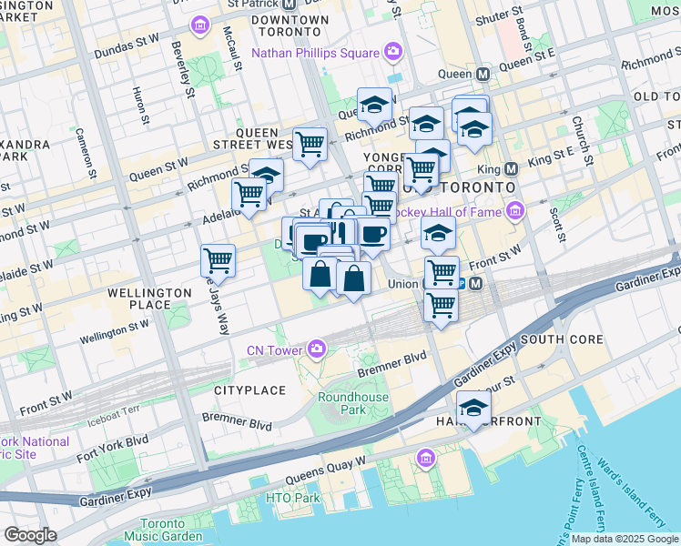 map of restaurants, bars, coffee shops, grocery stores, and more near 155 Wellington Street West in Toronto
