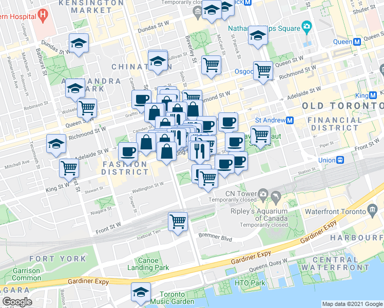 map of restaurants, bars, coffee shops, grocery stores, and more near 375 King Street West in Toronto