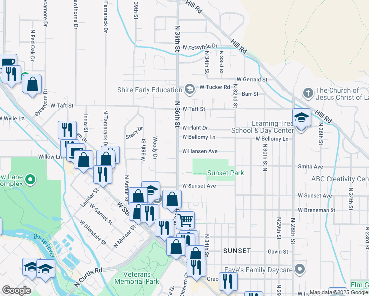 map of restaurants, bars, coffee shops, grocery stores, and more near 3554 West Hansen Avenue in Boise