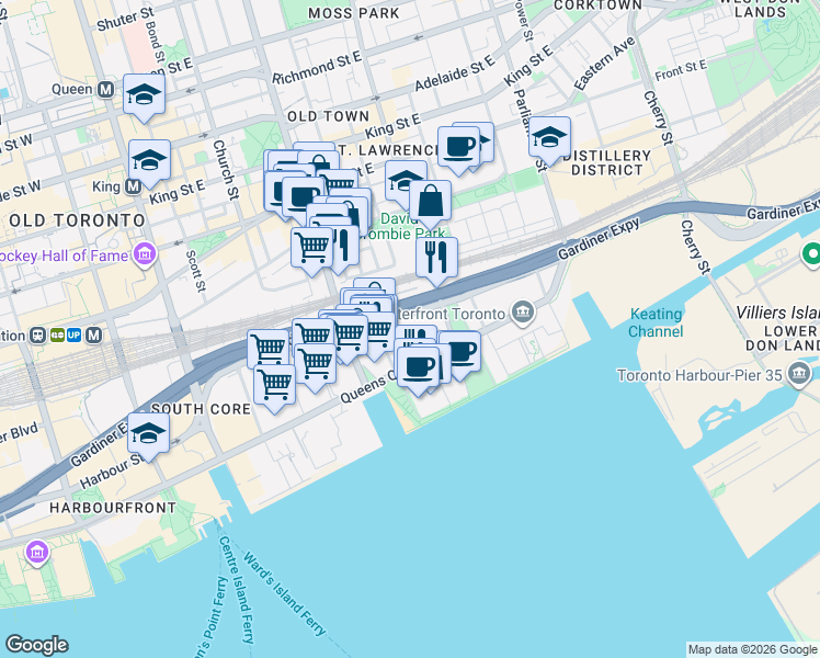 map of restaurants, bars, coffee shops, grocery stores, and more near 215 Lake Shore Boulevard East in Toronto