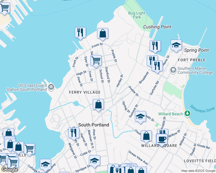 map of restaurants, bars, coffee shops, grocery stores, and more near 187 Stanford Street in South Portland