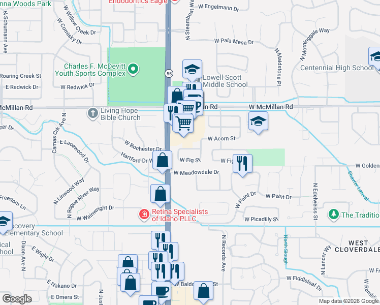 map of restaurants, bars, coffee shops, grocery stores, and more near 13613 West Rochester Street in Boise