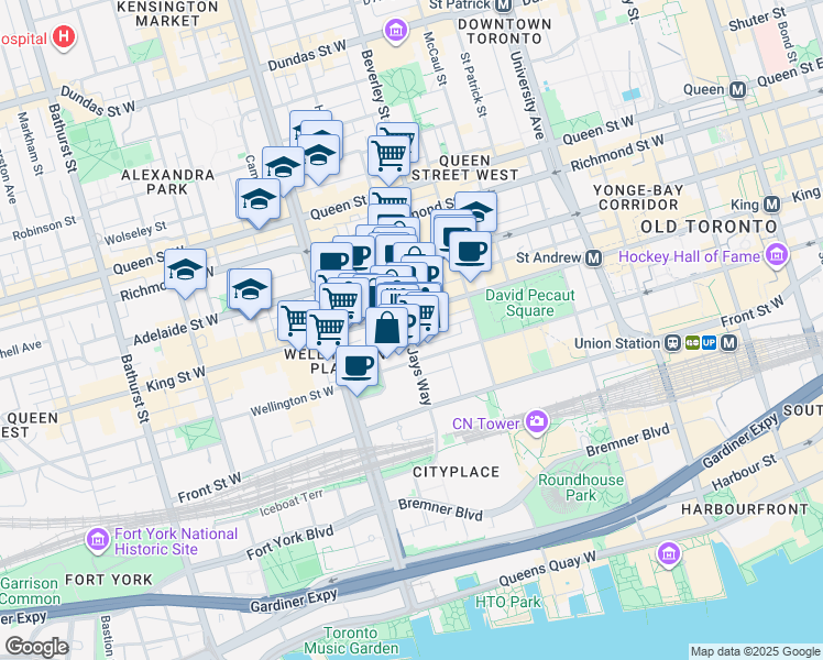 map of restaurants, bars, coffee shops, grocery stores, and more near in Toronto