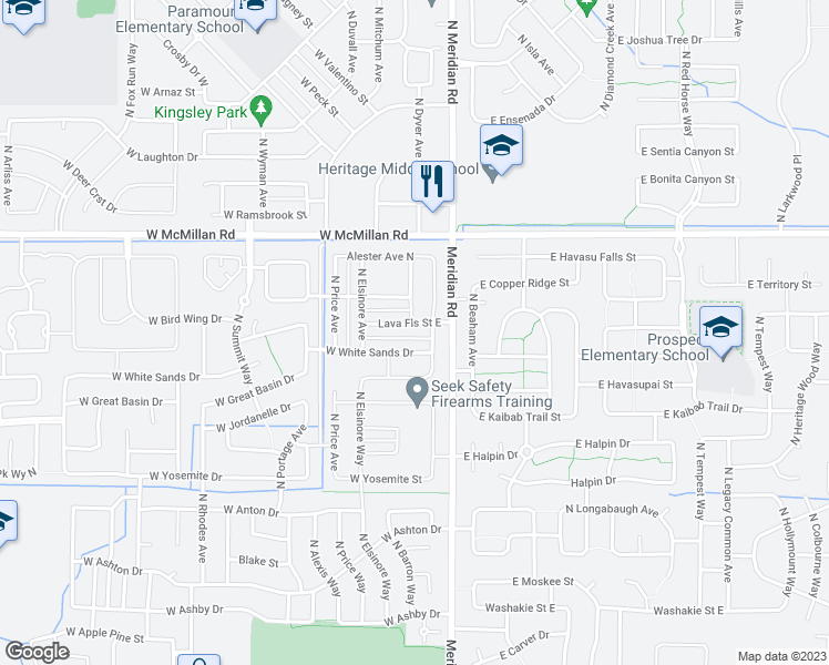 map of restaurants, bars, coffee shops, grocery stores, and more near 115 West Lava Falls Drive in Meridian