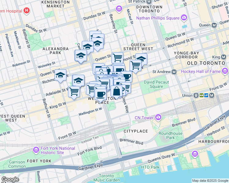 map of restaurants, bars, coffee shops, grocery stores, and more near 375 King Street West in Toronto