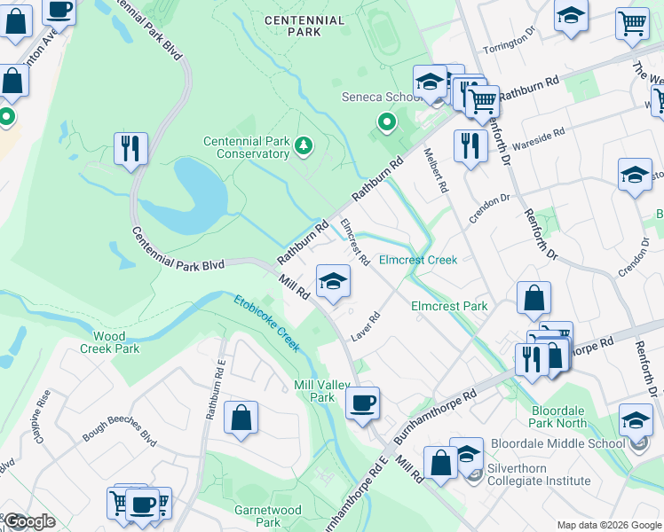 map of restaurants, bars, coffee shops, grocery stores, and more near 31 Pebble Valley Lane in Toronto