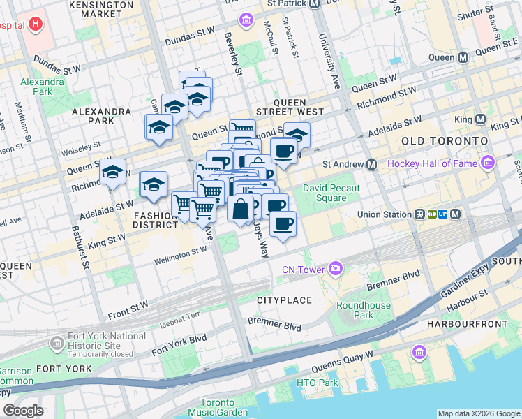 map of restaurants, bars, coffee shops, grocery stores, and more near 115 Blue Jays Way in Toronto