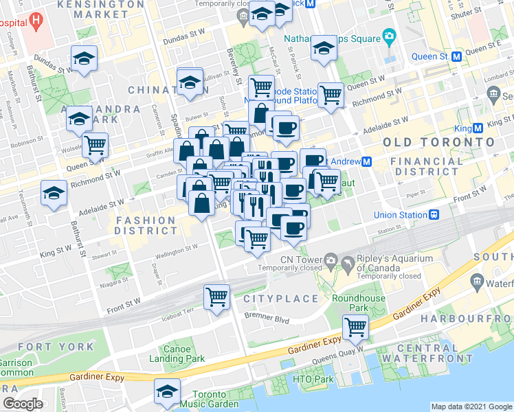 map of restaurants, bars, coffee shops, grocery stores, and more near 115 Blue Jays Way in Toronto