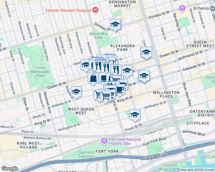 map of restaurants, bars, coffee shops, grocery stores, and more near 140 Bathurst Street in Toronto