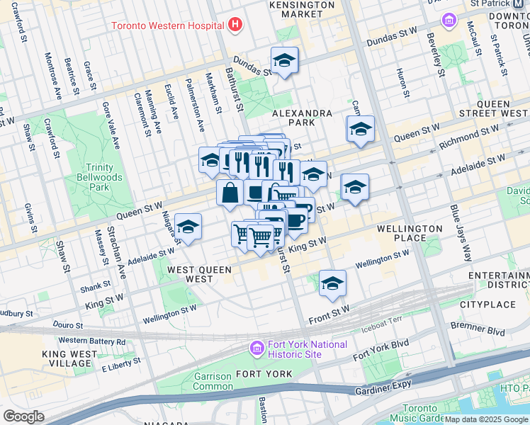 map of restaurants, bars, coffee shops, grocery stores, and more near 140 Bathurst Street in Toronto