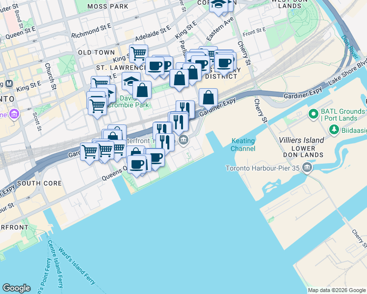 map of restaurants, bars, coffee shops, grocery stores, and more near 251 Queens Quay East in Toronto