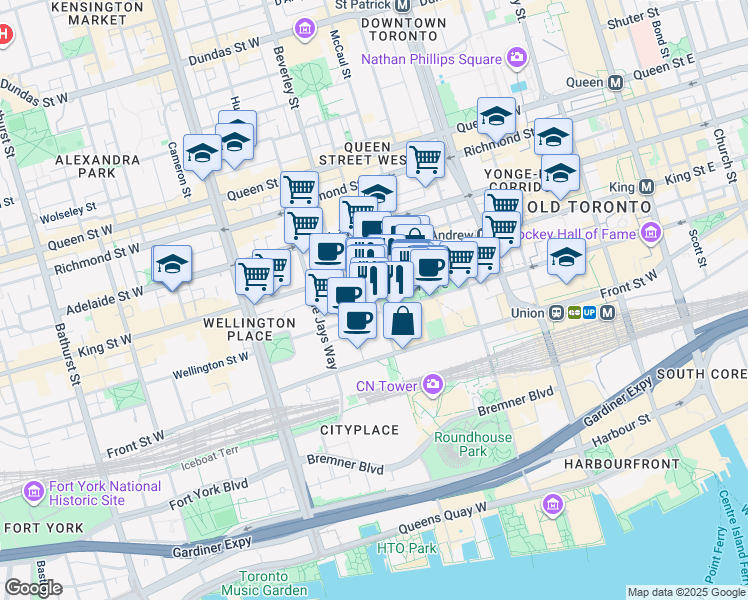 map of restaurants, bars, coffee shops, grocery stores, and more near 50 John Street in Toronto