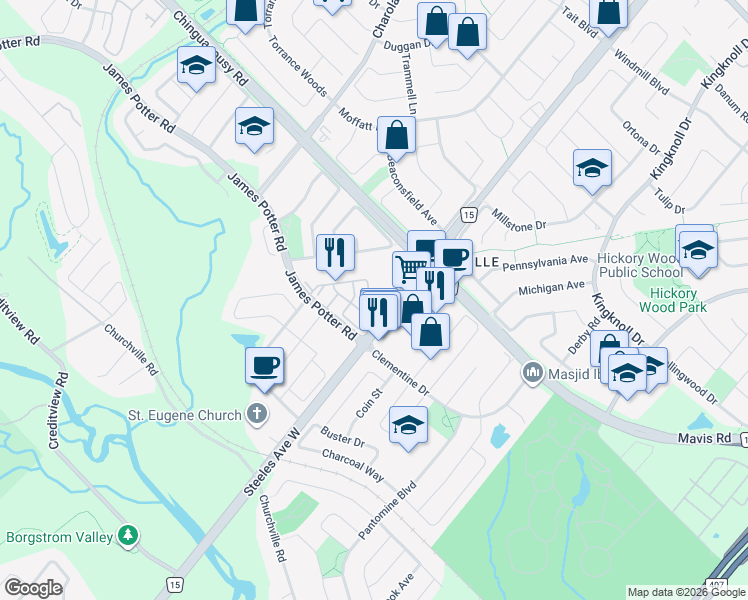 map of restaurants, bars, coffee shops, grocery stores, and more near 82 Arizona Drive in Brampton