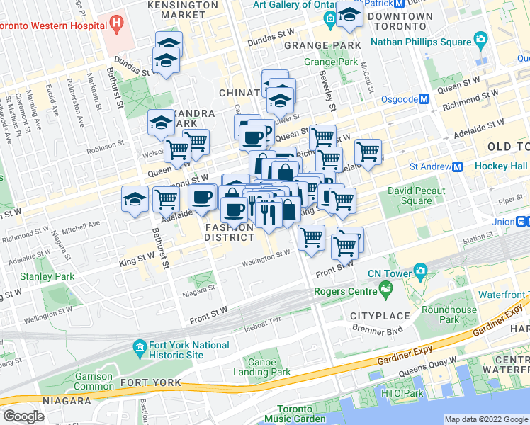 map of restaurants, bars, coffee shops, grocery stores, and more near 478 King Street West in Toronto
