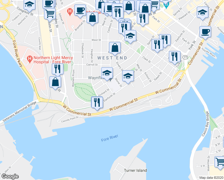 map of restaurants, bars, coffee shops, grocery stores, and more near 11 Fletcher Street in Portland