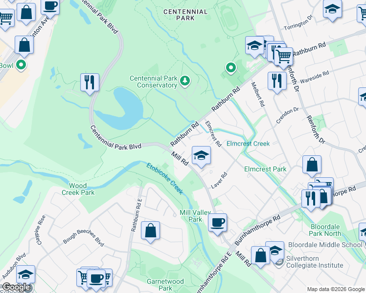 map of restaurants, bars, coffee shops, grocery stores, and more near in Toronto