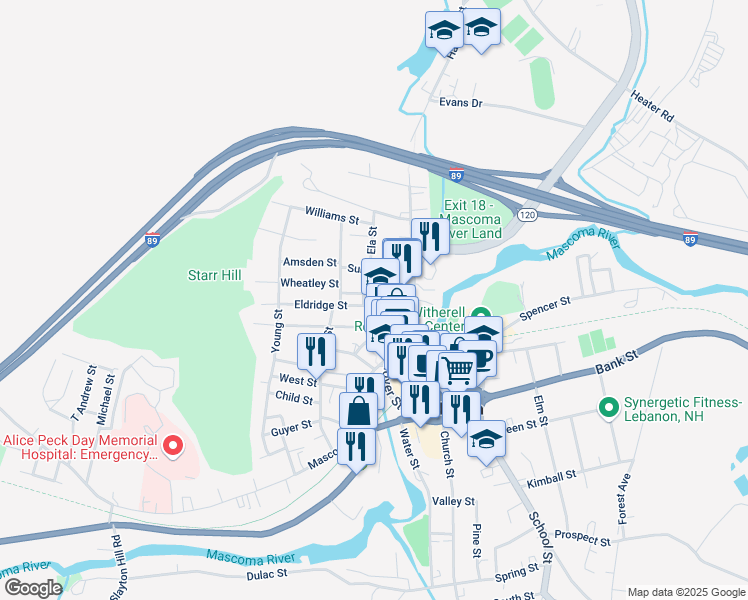 map of restaurants, bars, coffee shops, grocery stores, and more near 15 Eldridge Street in Lebanon