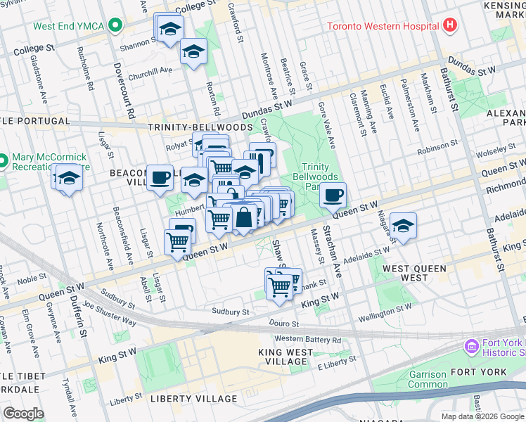 map of restaurants, bars, coffee shops, grocery stores, and more near 948 Queen Street West in Toronto