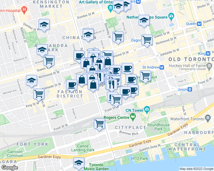 map of restaurants, bars, coffee shops, grocery stores, and more near 434 King Street West in Toronto