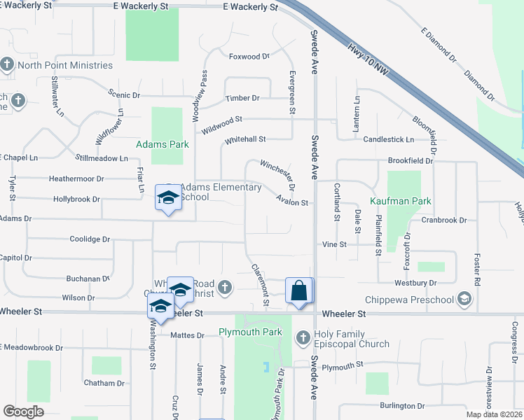 map of restaurants, bars, coffee shops, grocery stores, and more near 5215 Shoal Creek Circle in Midland