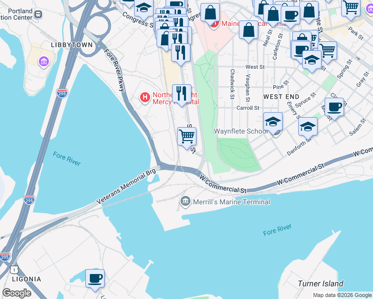 map of restaurants, bars, coffee shops, grocery stores, and more near 70 Saint John Street in Portland