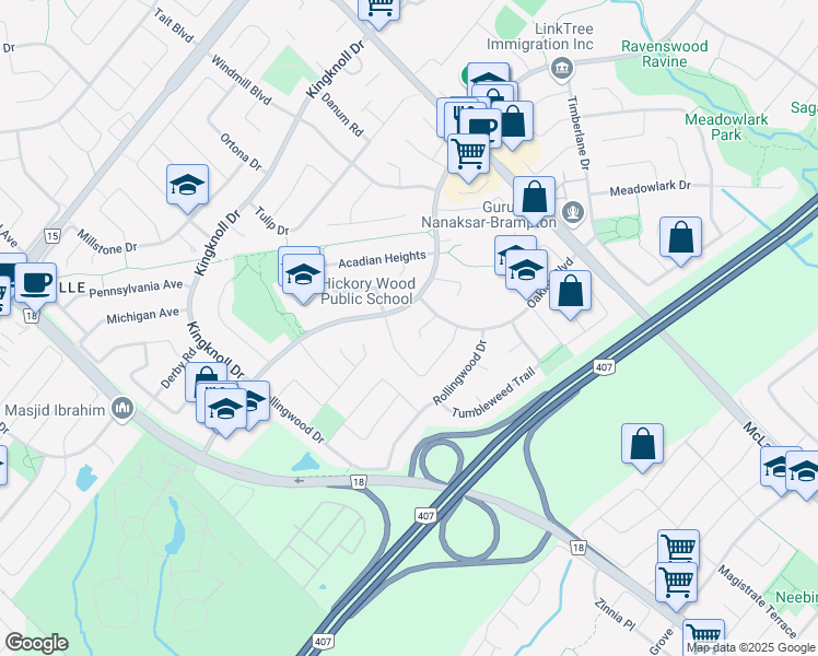 map of restaurants, bars, coffee shops, grocery stores, and more near 28 Rodwell Court in Brampton