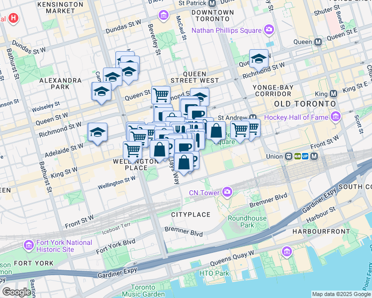 map of restaurants, bars, coffee shops, grocery stores, and more near 22 Mercer Street in Toronto