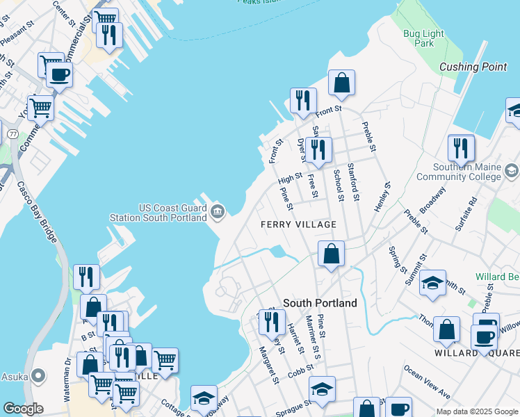 map of restaurants, bars, coffee shops, grocery stores, and more near 11 Oak Street in South Portland
