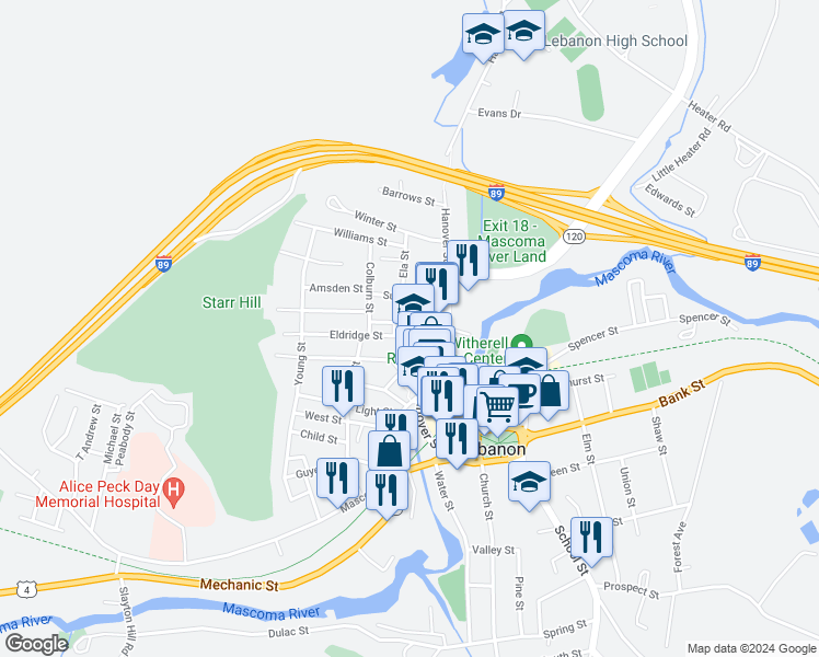 map of restaurants, bars, coffee shops, grocery stores, and more near 15 Eldridge Street in Lebanon