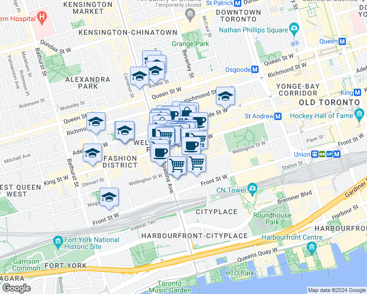 map of restaurants, bars, coffee shops, grocery stores, and more near in Toronto