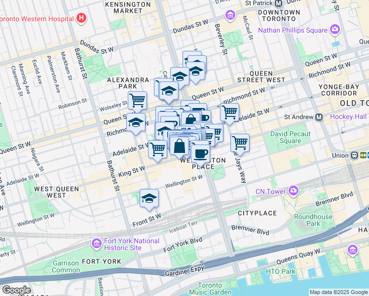 map of restaurants, bars, coffee shops, grocery stores, and more near in Toronto