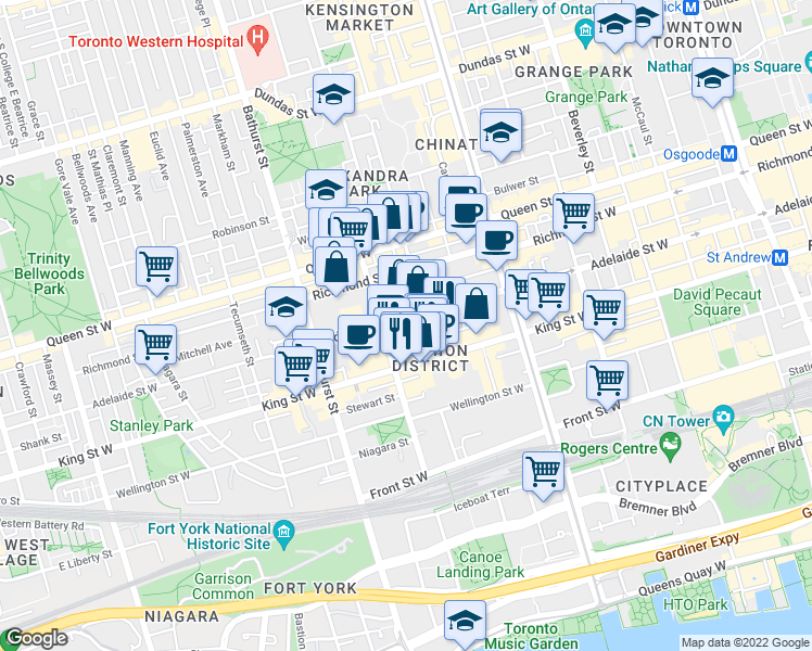 map of restaurants, bars, coffee shops, grocery stores, and more near in Toronto