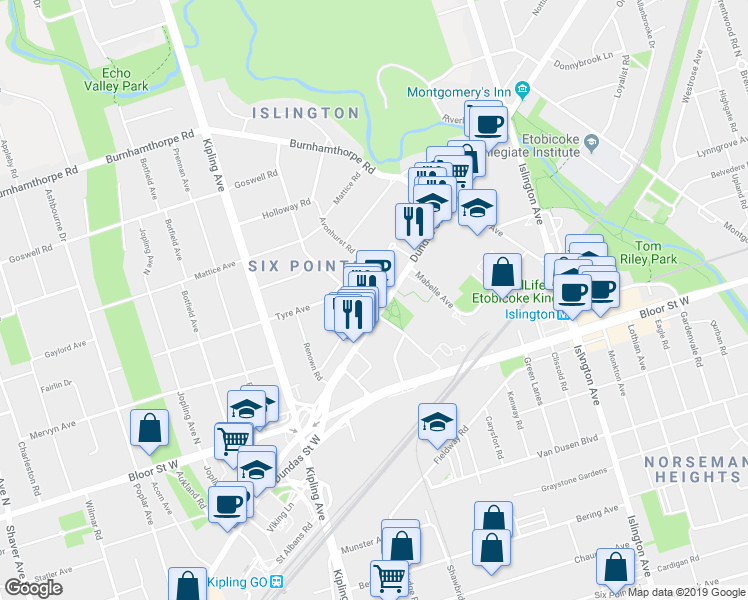 map of restaurants, bars, coffee shops, grocery stores, and more near in Toronto