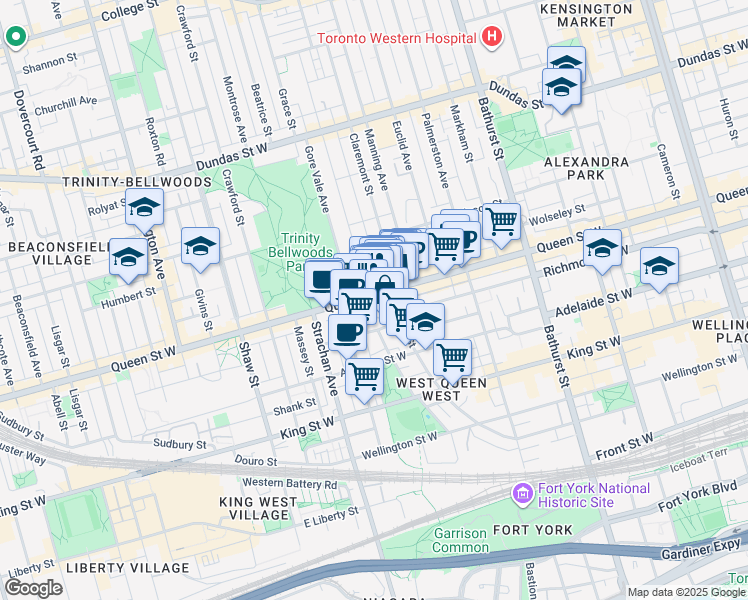 map of restaurants, bars, coffee shops, grocery stores, and more near 800 Richmond Street West in Toronto