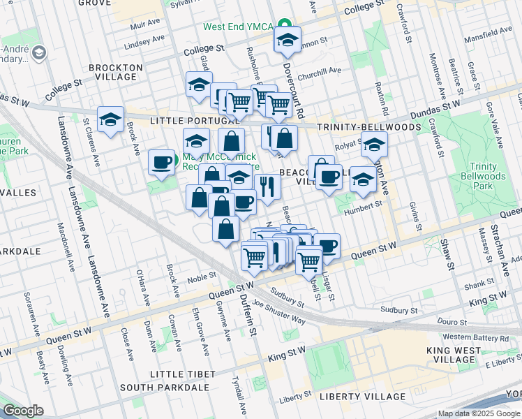 map of restaurants, bars, coffee shops, grocery stores, and more near 116 Northcote Avenue in Toronto
