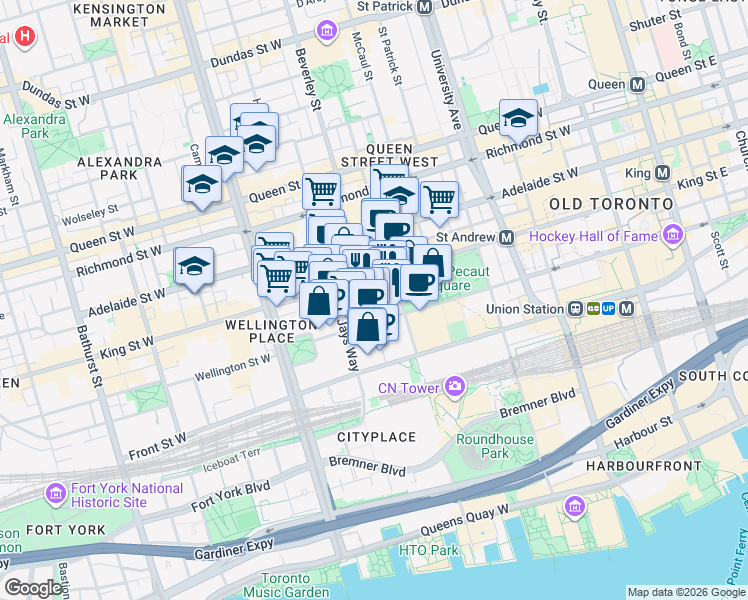 map of restaurants, bars, coffee shops, grocery stores, and more near Mercer Street in Toronto