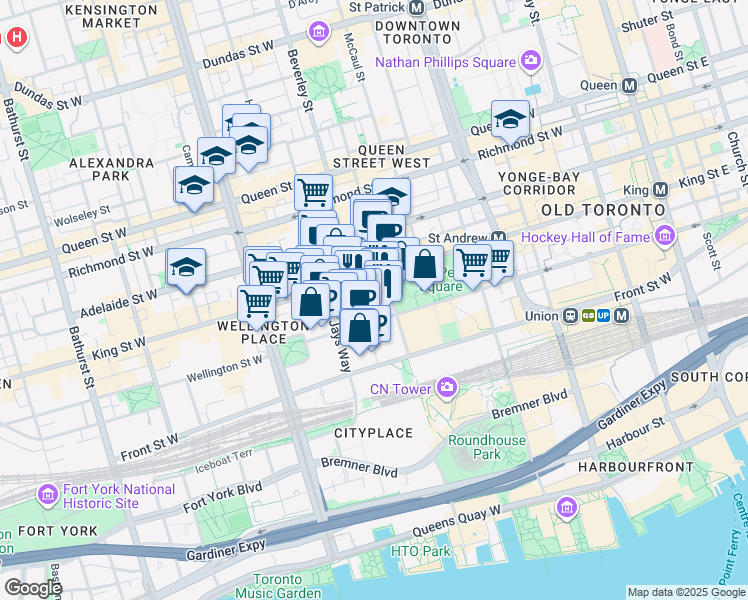 map of restaurants, bars, coffee shops, grocery stores, and more near 15 Mercer Street in Toronto