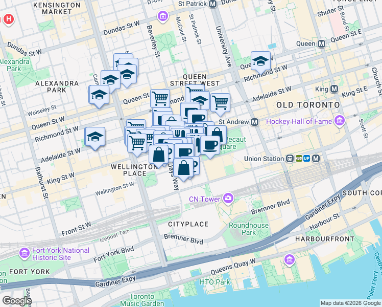 map of restaurants, bars, coffee shops, grocery stores, and more near 15 Mercer Street in Toronto