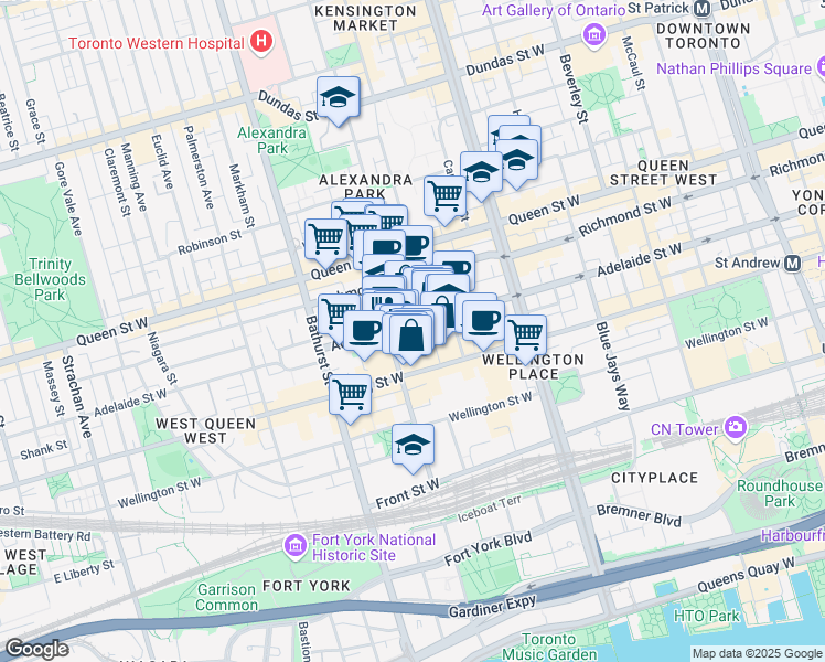map of restaurants, bars, coffee shops, grocery stores, and more near 463 Adelaide Street West in Toronto