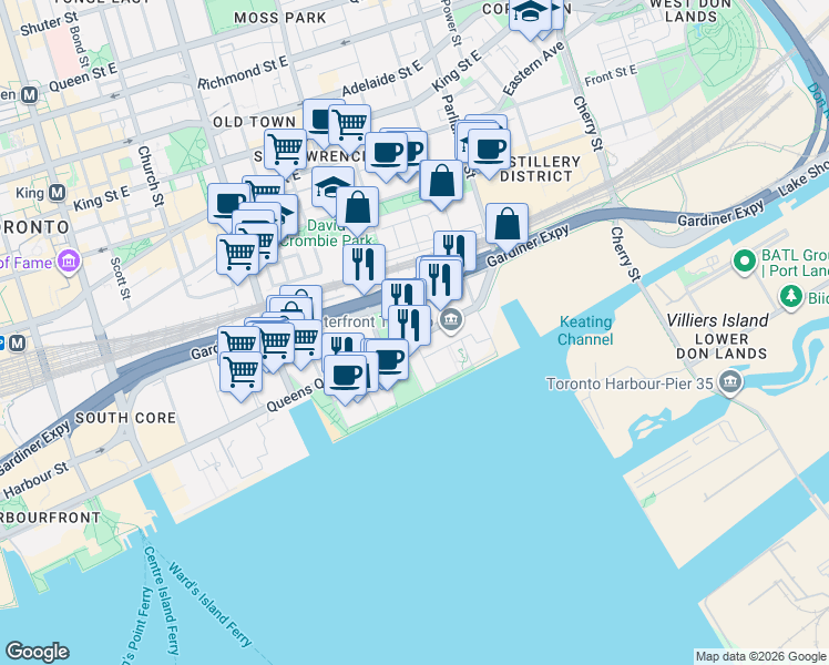 map of restaurants, bars, coffee shops, grocery stores, and more near 12 Bonnycastle Street in Toronto